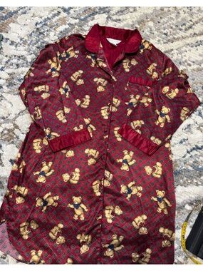Satin Burgundy Teddy Bear-Print Long Pajama Shirt